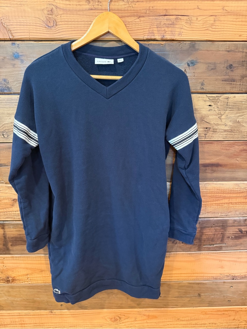 Vintage Lacoste Women’s Navy V‑Neck Stripe Sleeve Sweater Dress - 34/2/xs